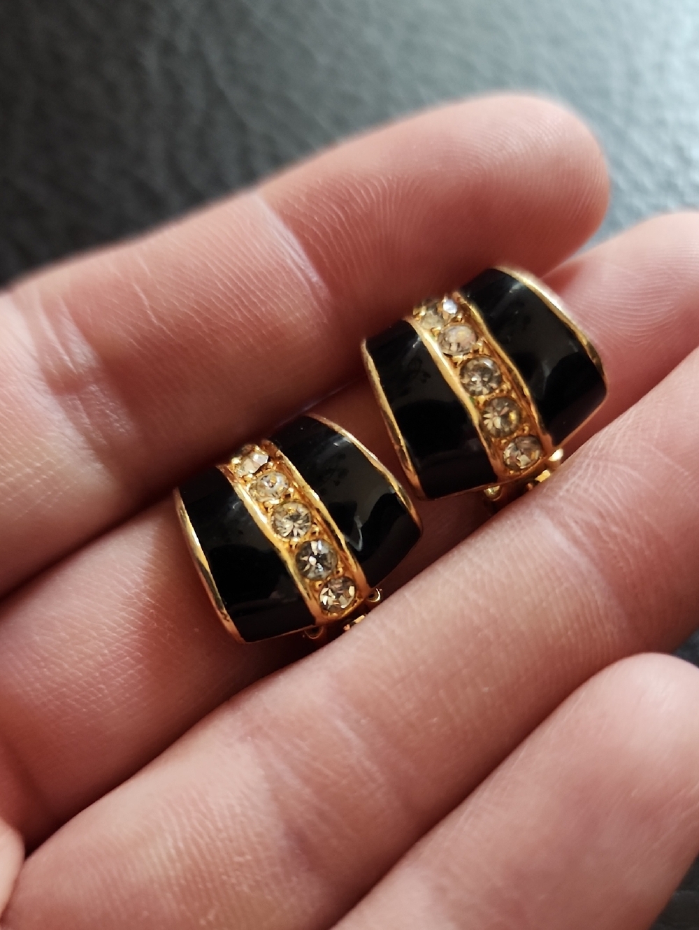 VTG Gold and Black Crystal Accent Clip Earrings